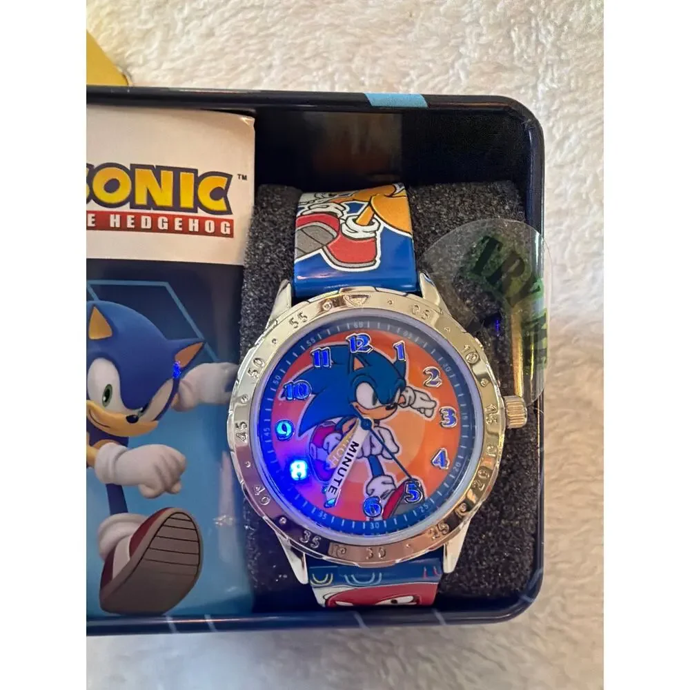SEGA Sonic The Hedgehog Kids Wrist Watch Lighted Blue Band w/ Tin Accutime NEW